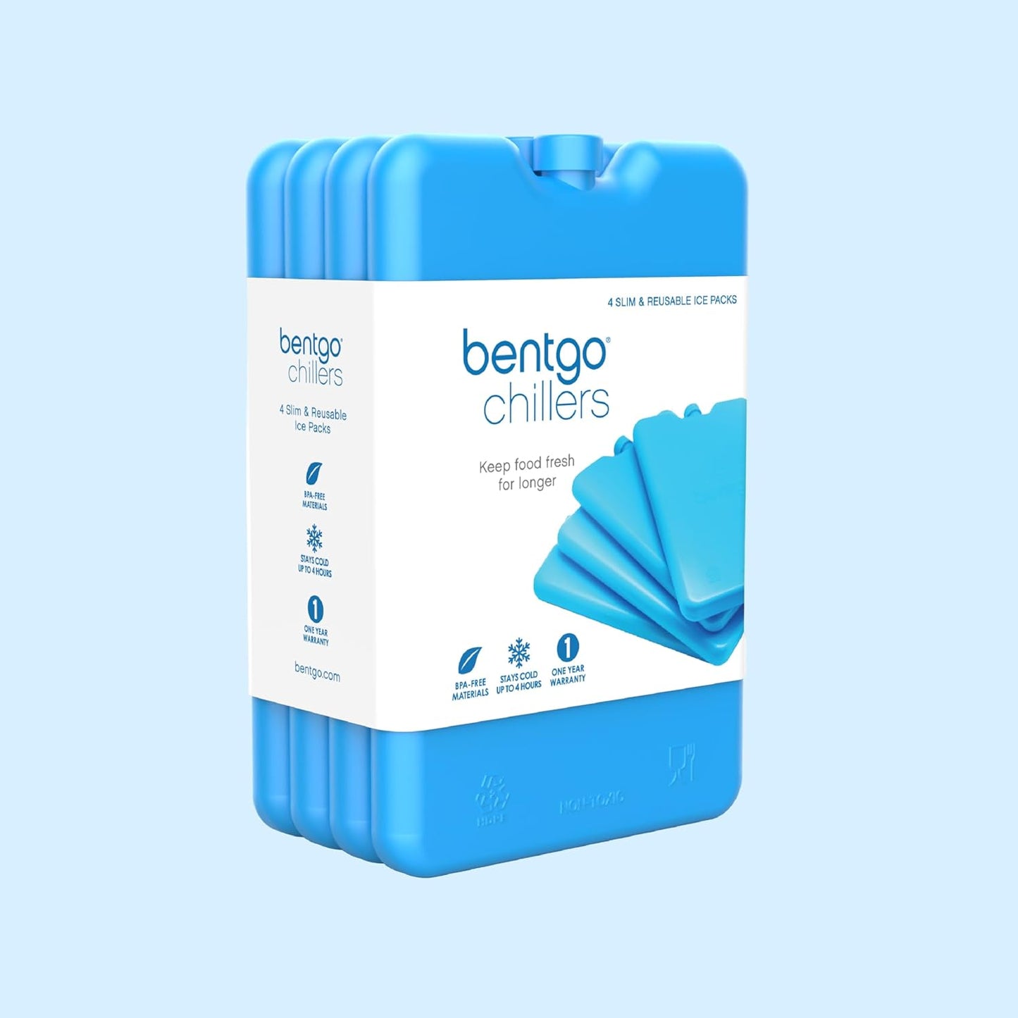 Bentgo Chillers Ice Packs: Slim, Reusable Quick-Freeze Cooling Design Keeps Food Fresh in Lunch Boxes, Bags, & Coolers for Work, College, Camping, & More; Easy to Clean & Chills Fast; 4-Pack (Blue)