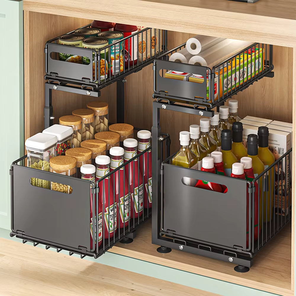 2-Stufiger Ausziehbarer Schrank-Organizer, Verstellbares Küchen-Aufbewahrungsregal Unter Der Spüle, Organizer, Gewürzglas-Aufbewahrungsregal, Ausziehbare Schublade