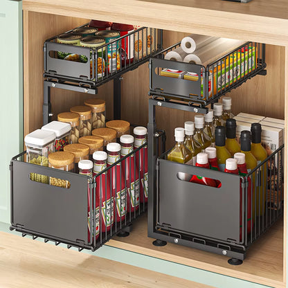2-Stufiger Ausziehbarer Schrank-Organizer, Verstellbares Küchen-Aufbewahrungsregal Unter Der Spüle, Organizer, Gewürzglas-Aufbewahrungsregal, Ausziehbare Schublade