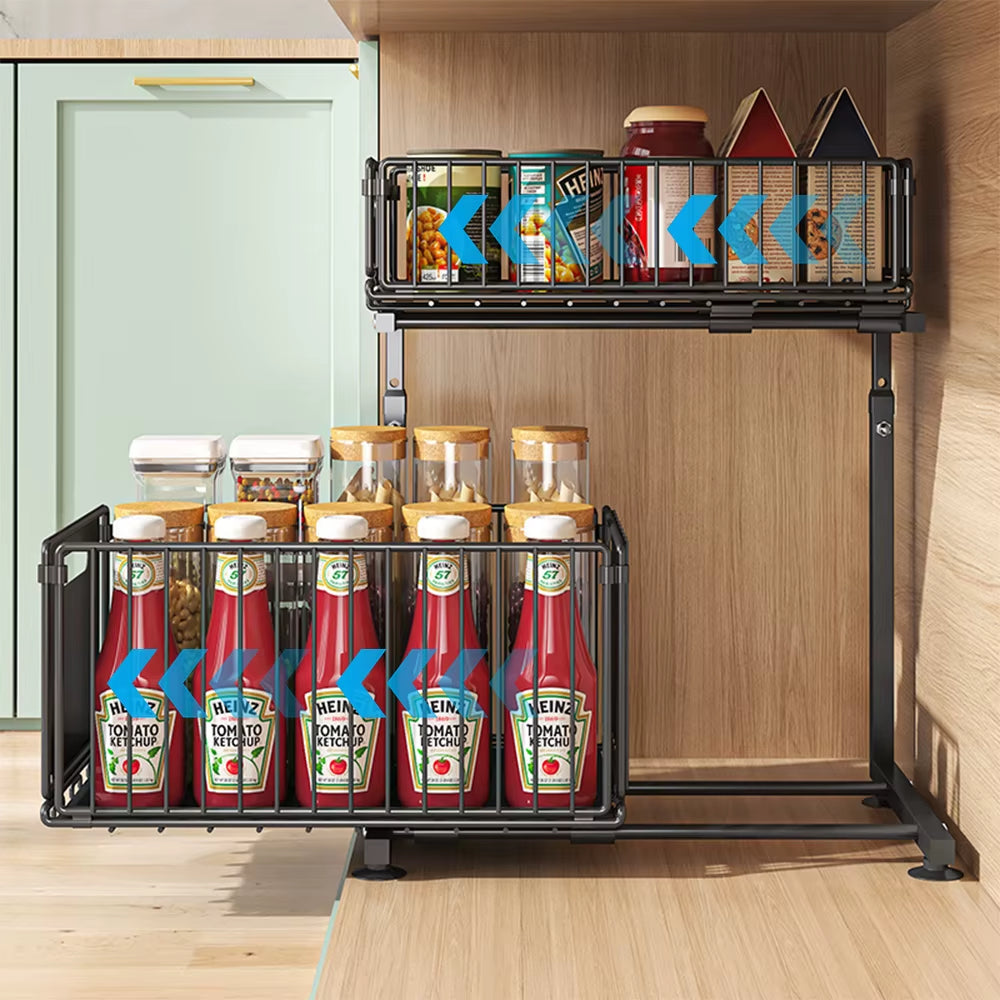 2-Stufiger Ausziehbarer Schrank-Organizer, Verstellbares Küchen-Aufbewahrungsregal Unter Der Spüle, Organizer, Gewürzglas-Aufbewahrungsregal, Ausziehbare Schublade