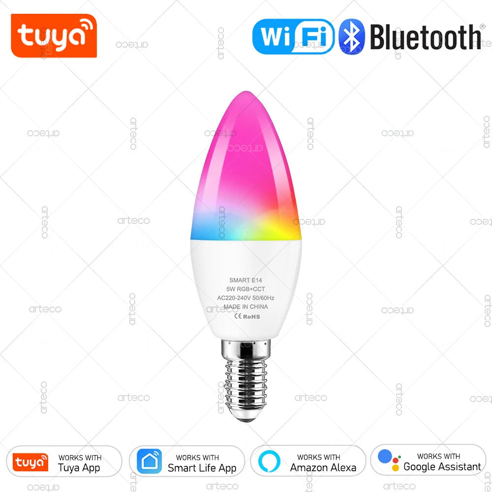 Tuya E14 Candle Lamp Smart Life App Control Smart Bulb Wifi or Bluetooth RGB+CW LED Light 220V Dimmable Crystal Lamps Room Decor