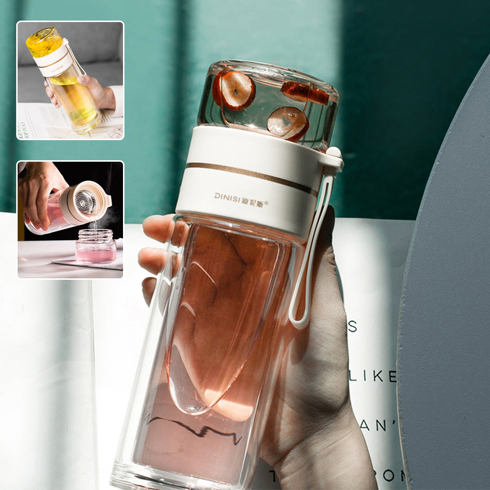 Glass Water Bottle with Tea Infuser Filter Tea Separation Double Wall Glass Bottle Leakproof Water Bottle