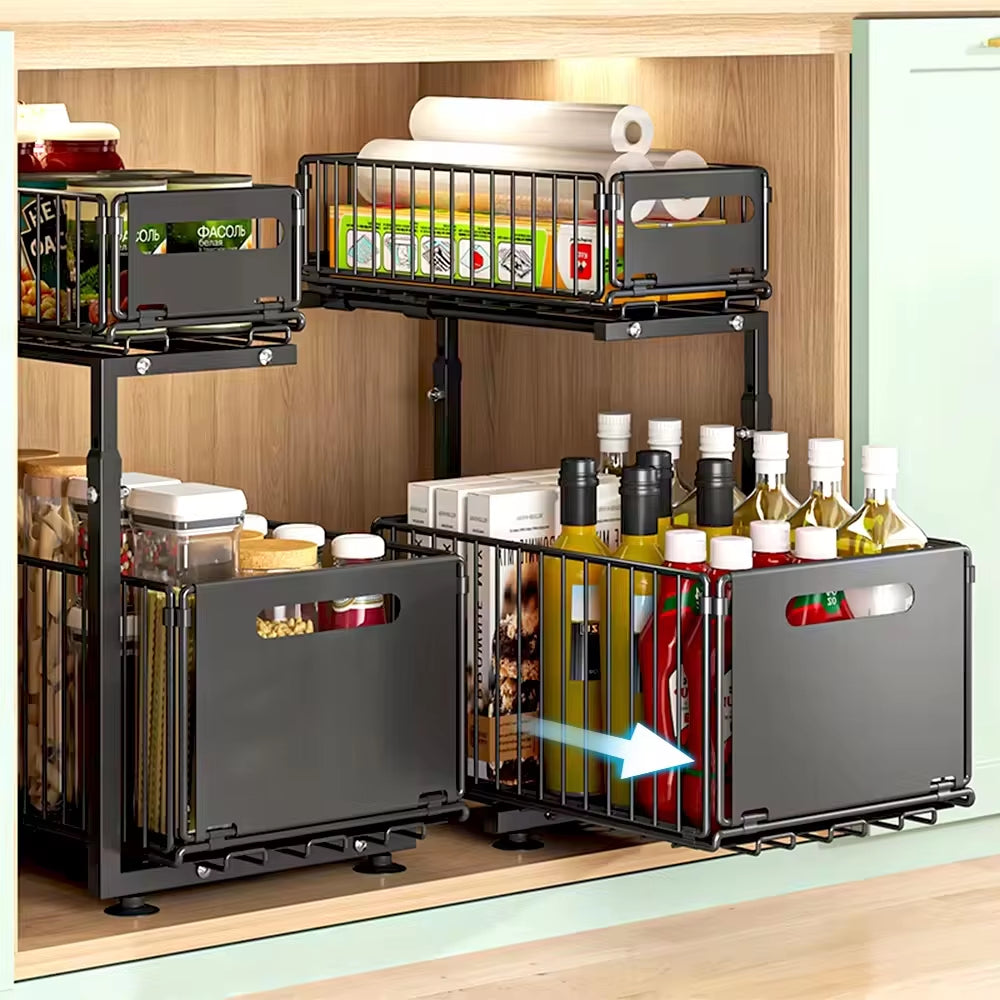 2-Stufiger Ausziehbarer Schrank-Organizer, Verstellbares Küchen-Aufbewahrungsregal Unter Der Spüle, Organizer, Gewürzglas-Aufbewahrungsregal, Ausziehbare Schublade